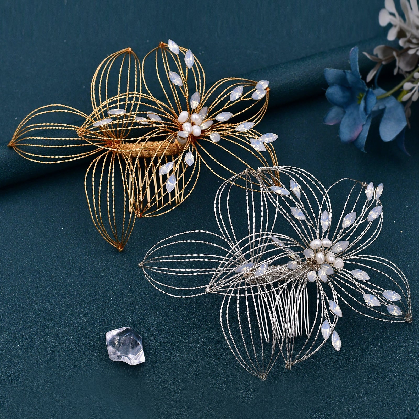 BHP257-S silver rhinestone pearl hair comb