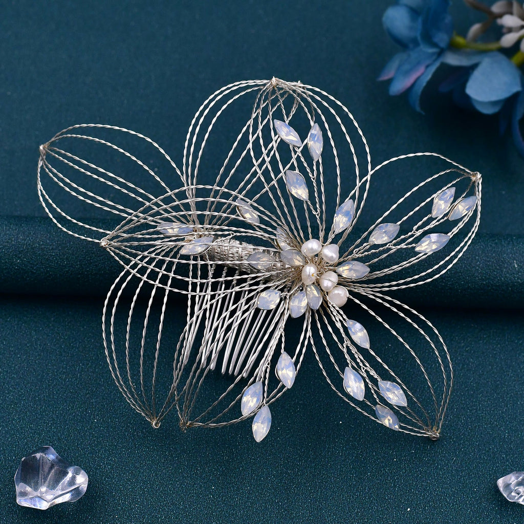 BHP257-S silver rhinestone pearl hair comb