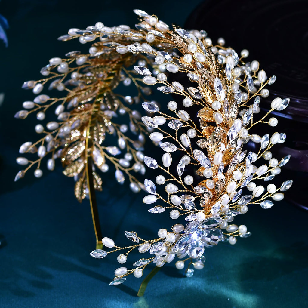 BHP322-G gold rhinestone pearl crown