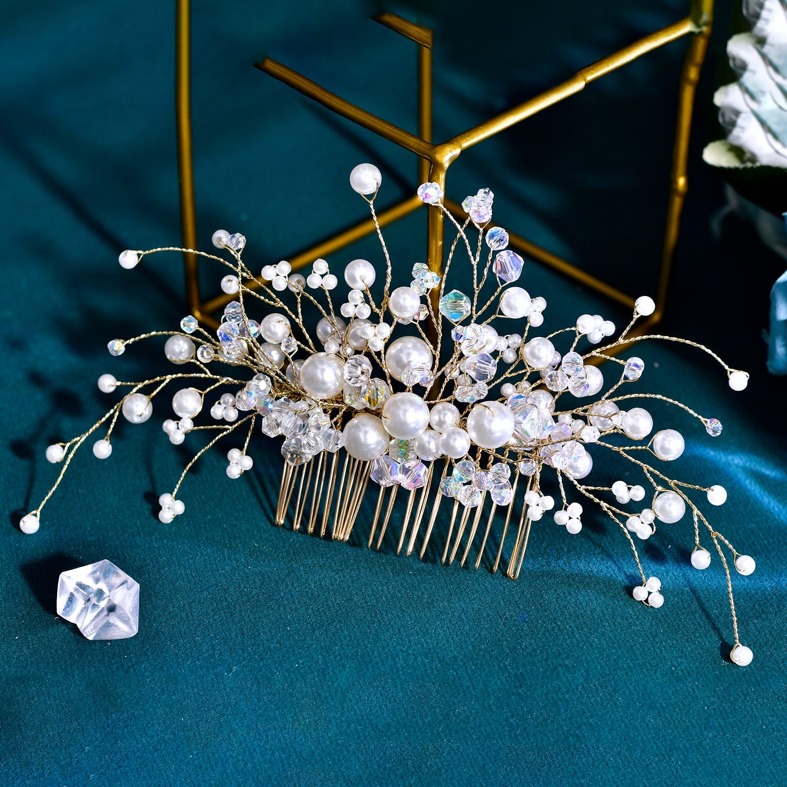 BHP878-S silver pearl crystal hair comb