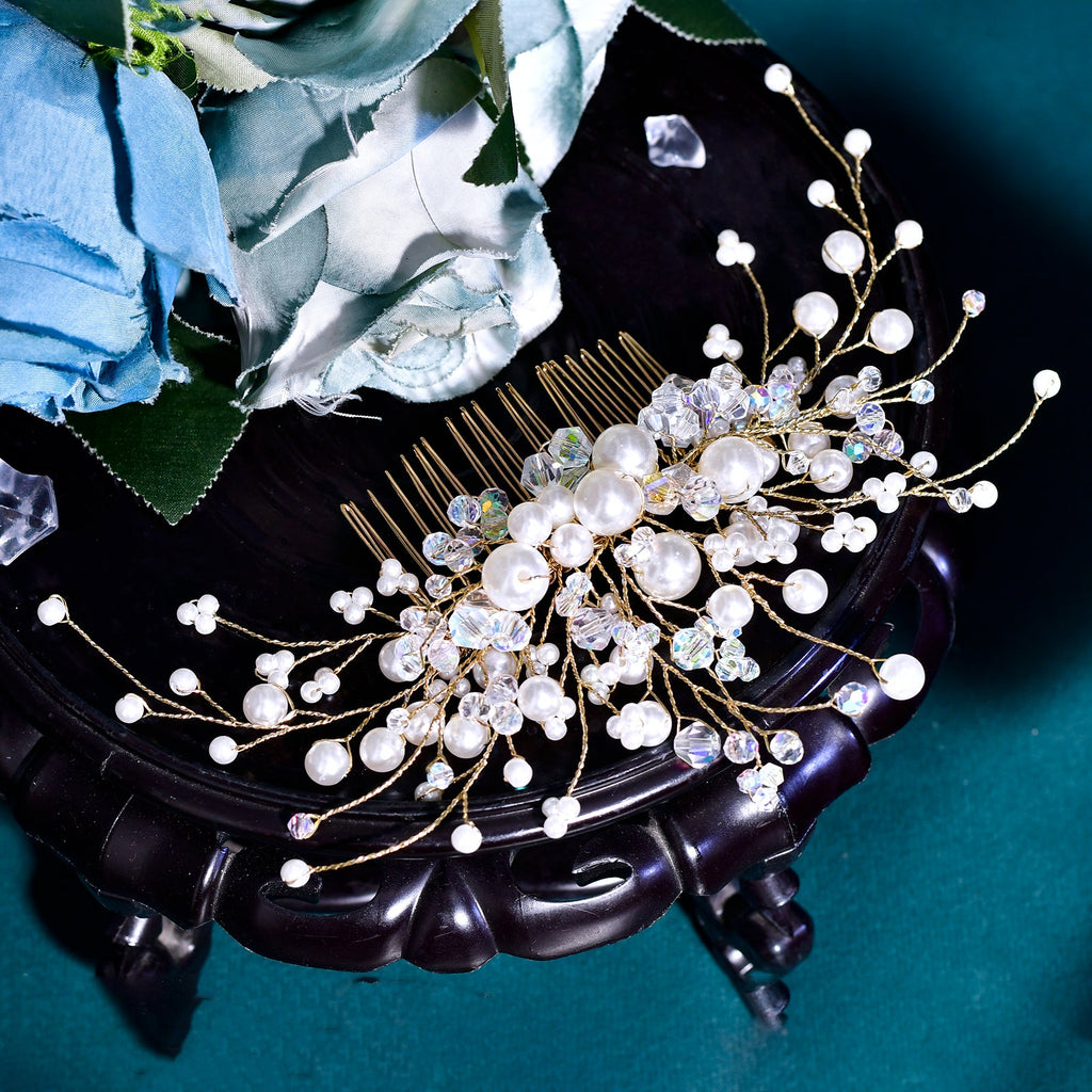 BHP878-S silver pearl crystal hair comb
