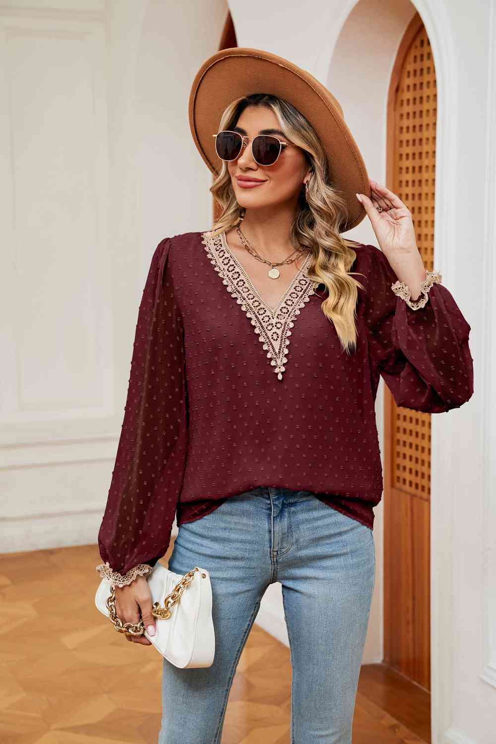 Swiss Dot Contrast V-Neck Blouse by VYSN