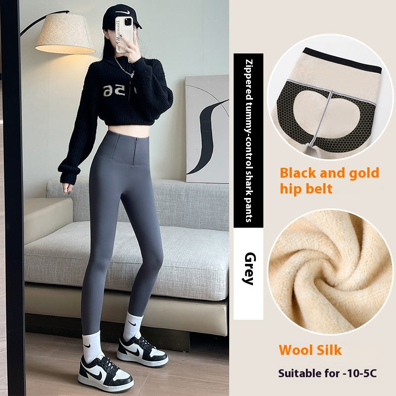 Belly-controlling Butt Lifting Leggings With Three-breasted Design Winter High Waist Slim Zipper Pants Warm Velvet And Thickened Trousers Women Clothing by 510_Athletics LLC