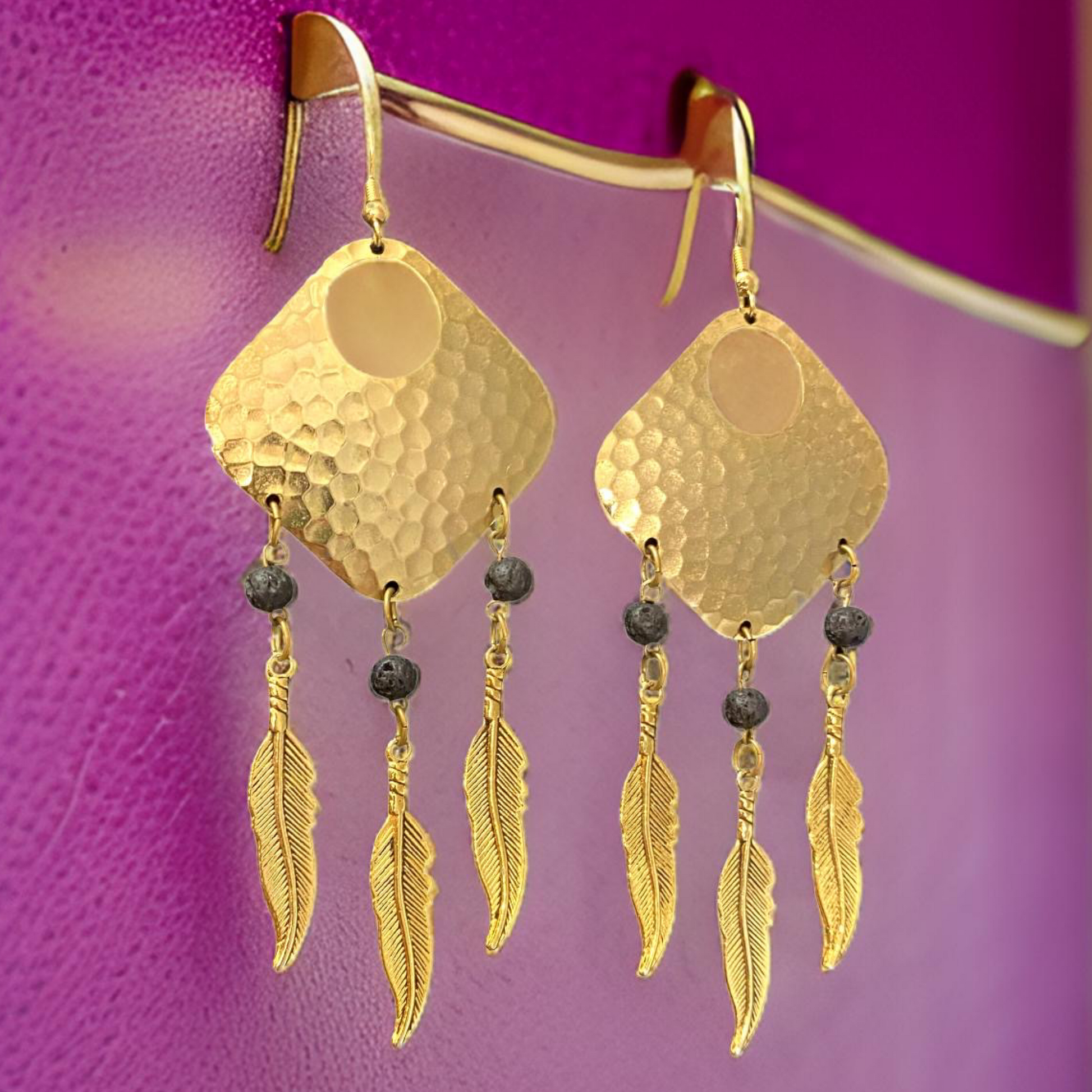 Bohemian Dream Catcher Earrings with Feathers and Black Lava Rocks by The Urban Charm by The Urban Charm