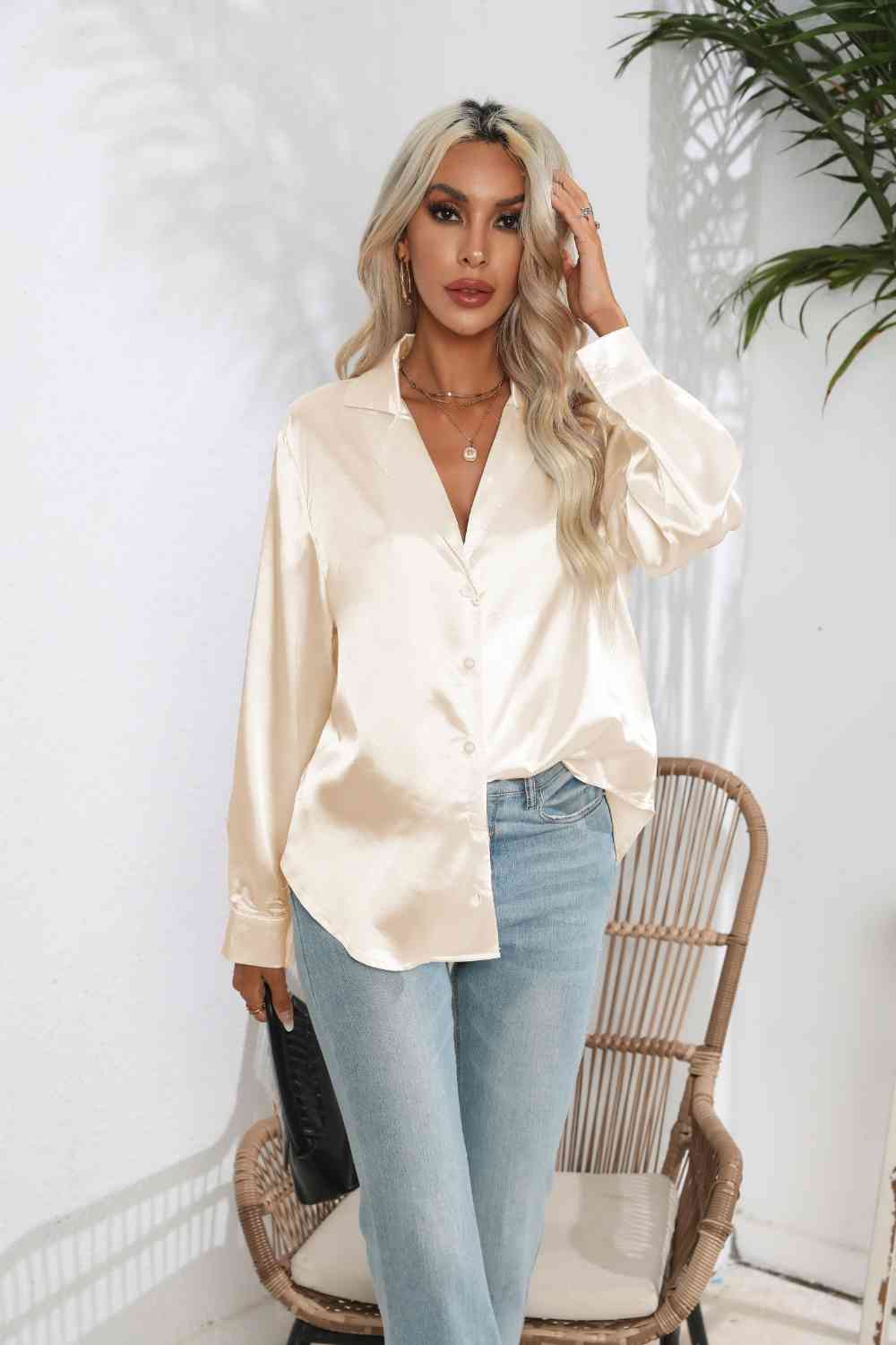 Lapel Collar Button Up Long Sleeve Shirt by VYSN
