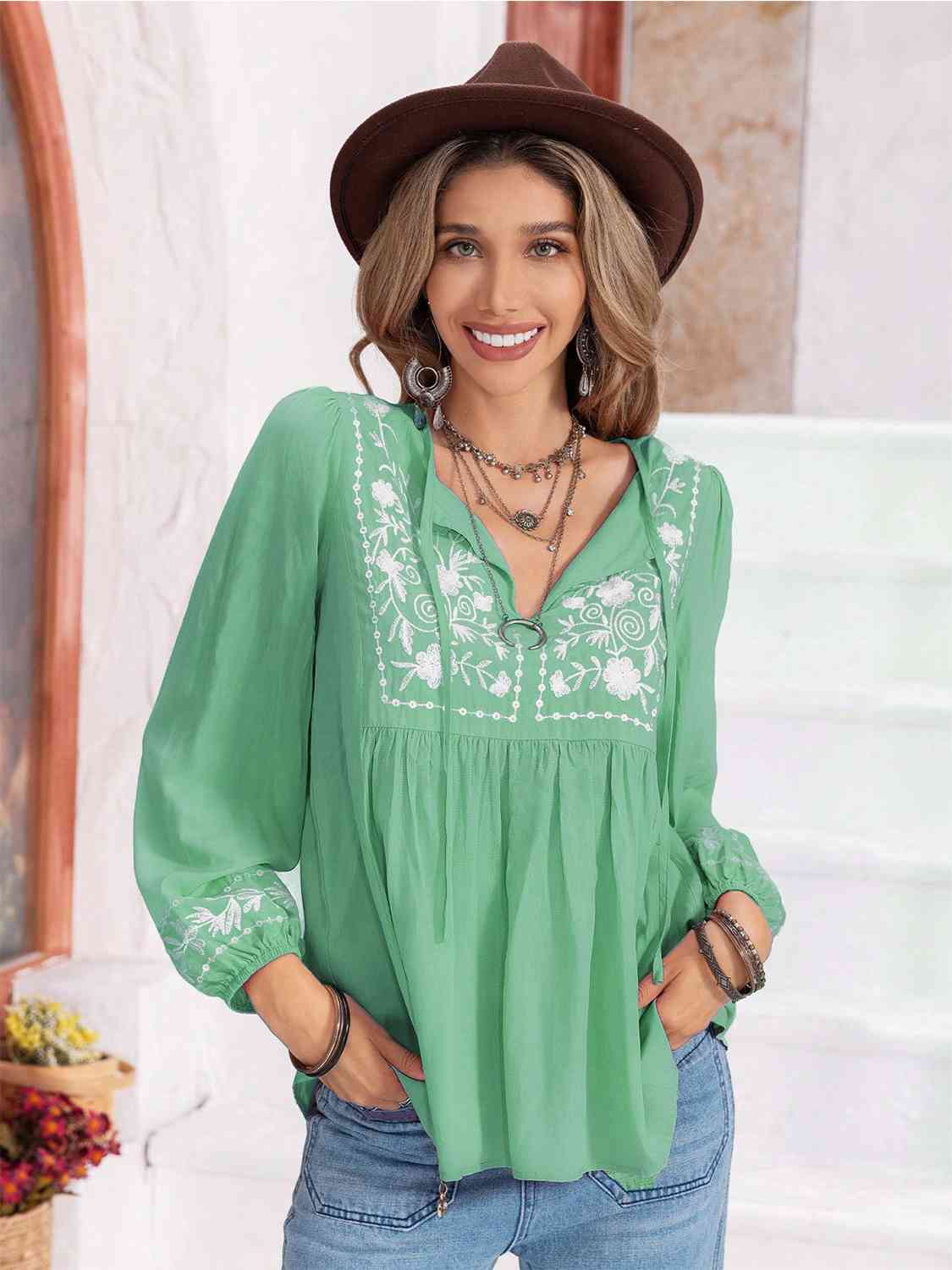 Floral Tie Neck Balloon Sleeve Blouse by VYSN