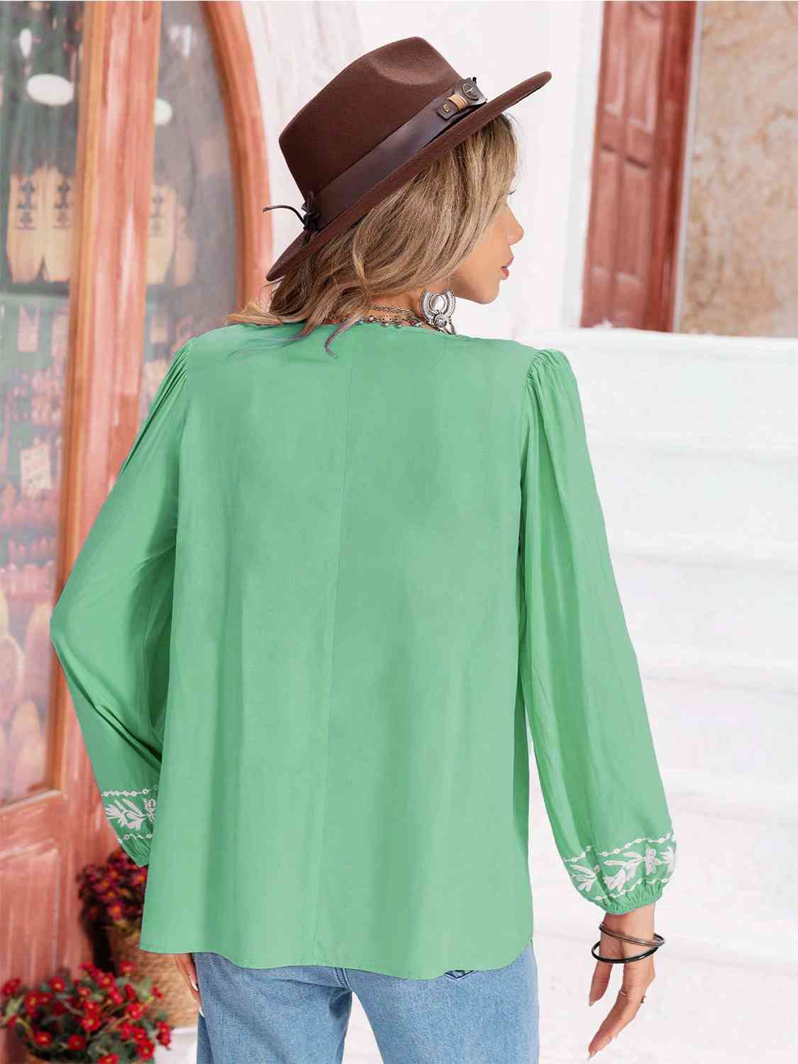 Floral Tie Neck Balloon Sleeve Blouse by VYSN