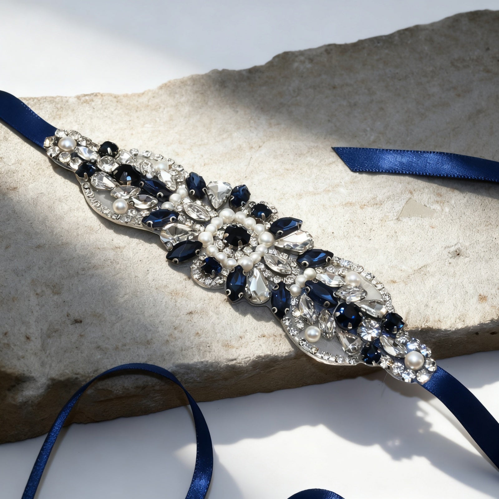 Navy Rhinestone Pearl Bridal Belt Wedding Sash – Bridella BS188ML by Bridella
