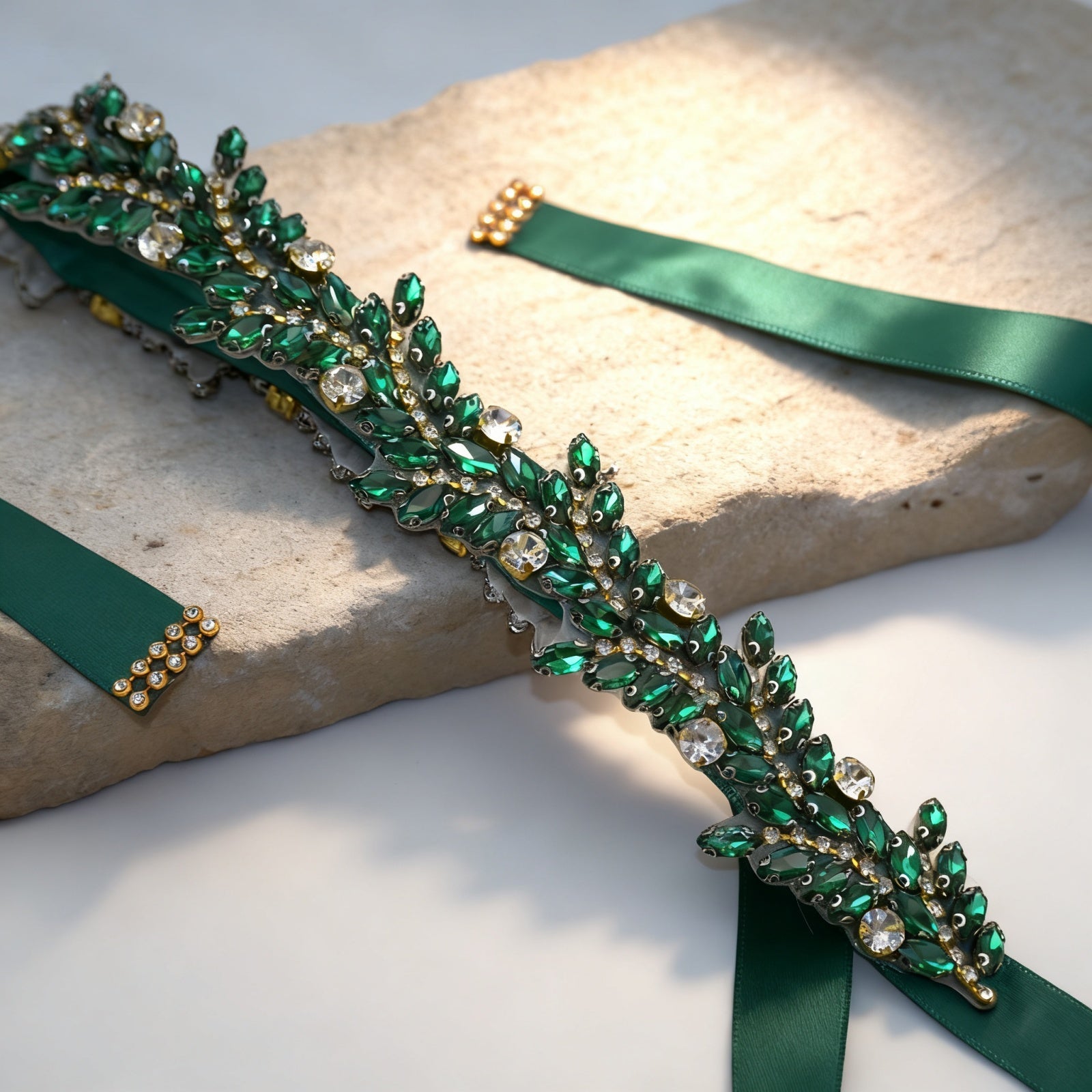 Emerald Rhinestone Bridal Belt Crystal Wedding Sash Adjustable BS242KL Bridella by Bridella