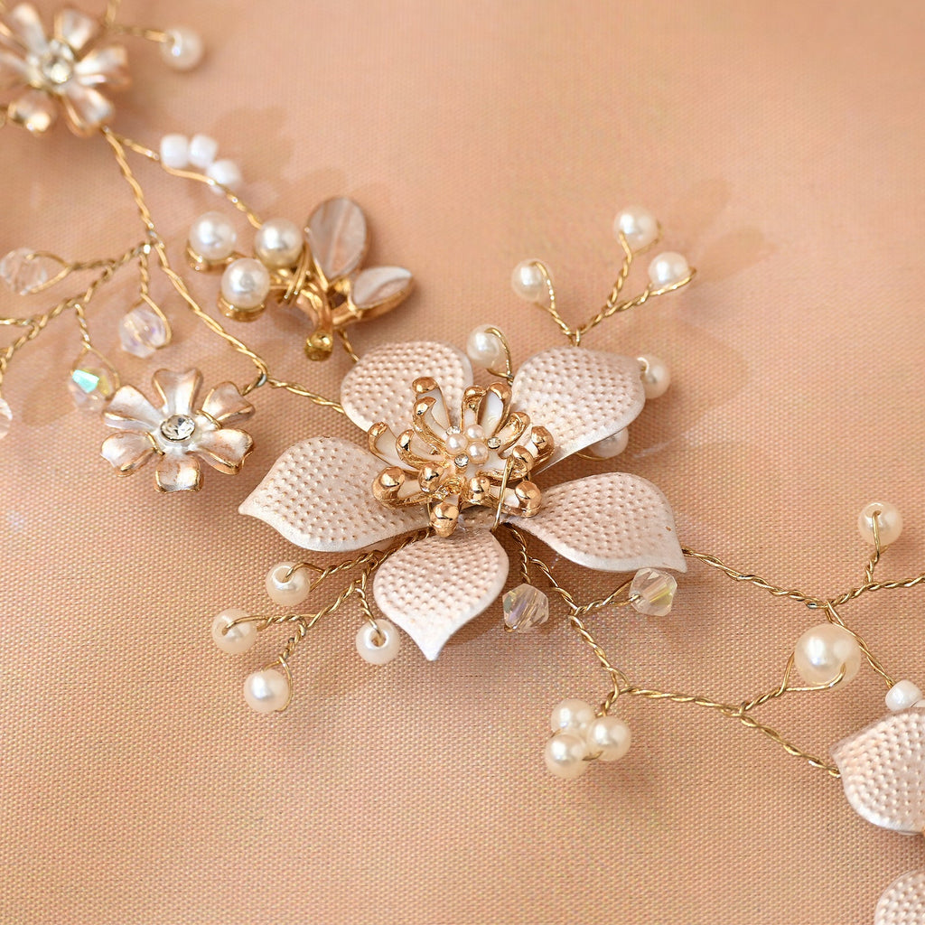 Gold Pearl Floral Alloy Bridal Headband - Bridella BHP357-G by Bridella