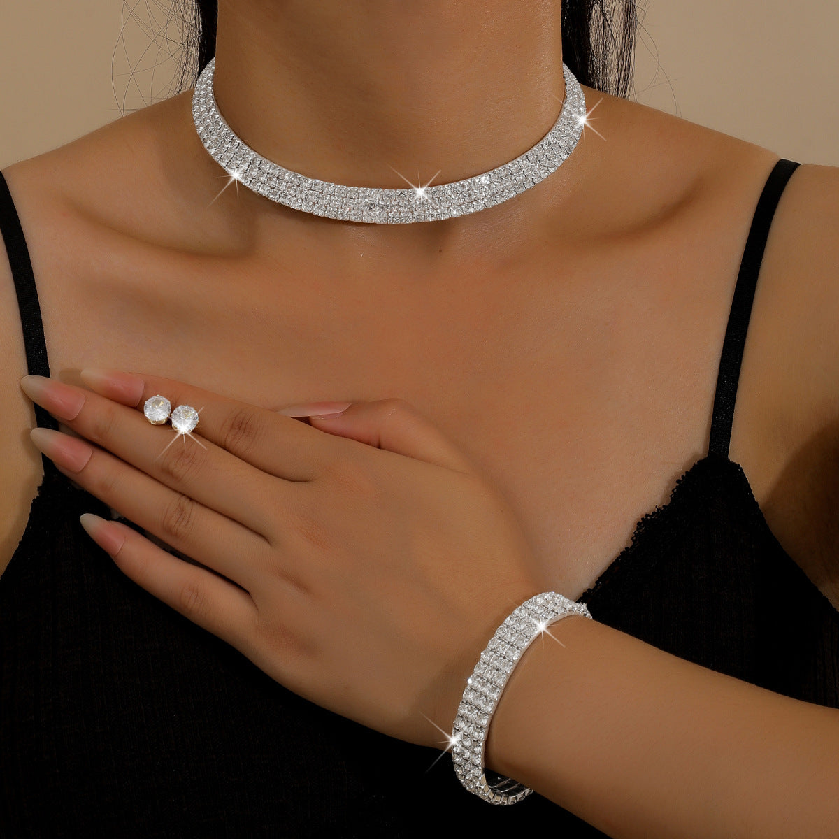 European And American Cross-Border Jewelry Three-Row Rhinestone Necklace Zircon Earrings Bracelet Elastic Ring Bridal Suit Dress Accessories