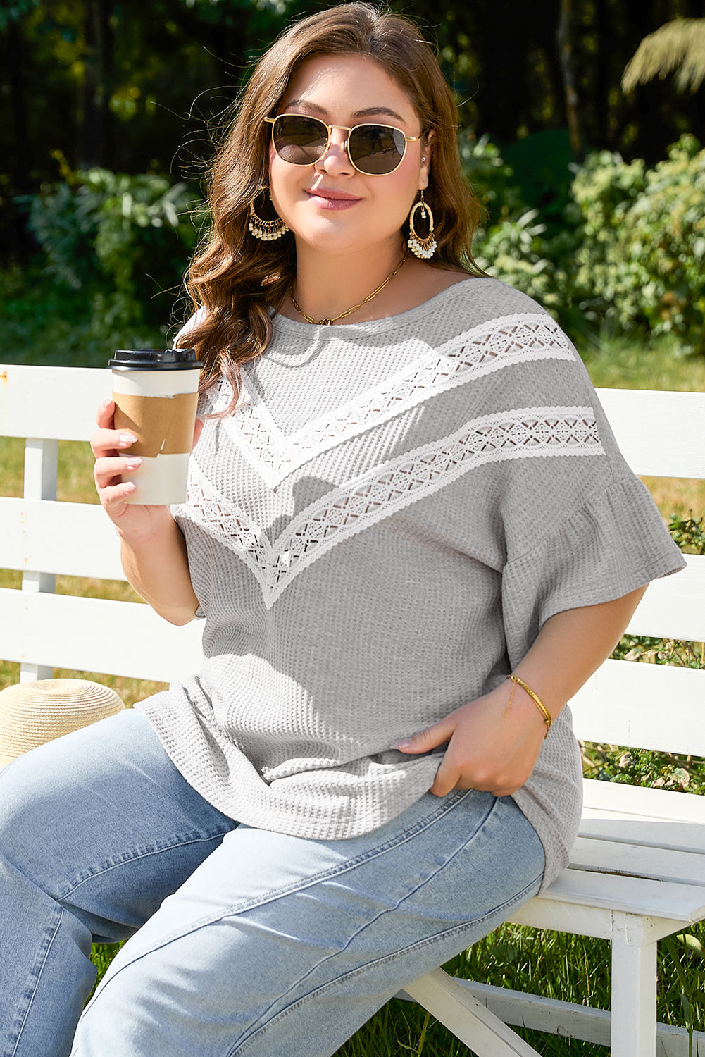 Rory Plus Size Lace Insert Waffle Ruffle Top by Threaded Pear