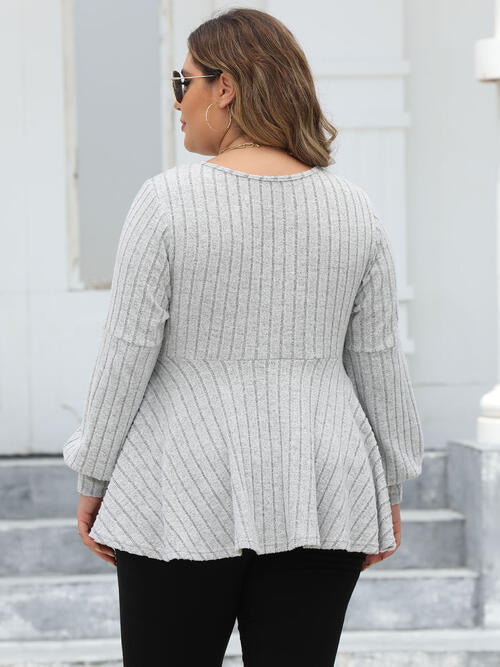 Full Figured Size Ribbed V-Neck Long Sleeve Blouse by VYSN