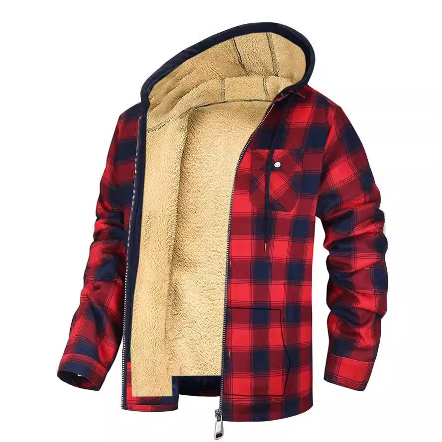 Men's Plaid Print Hooded Zip-Up Jacket Winter Thickened Cotton-padded Coat Warm Clothing by 510_Athletics LLC