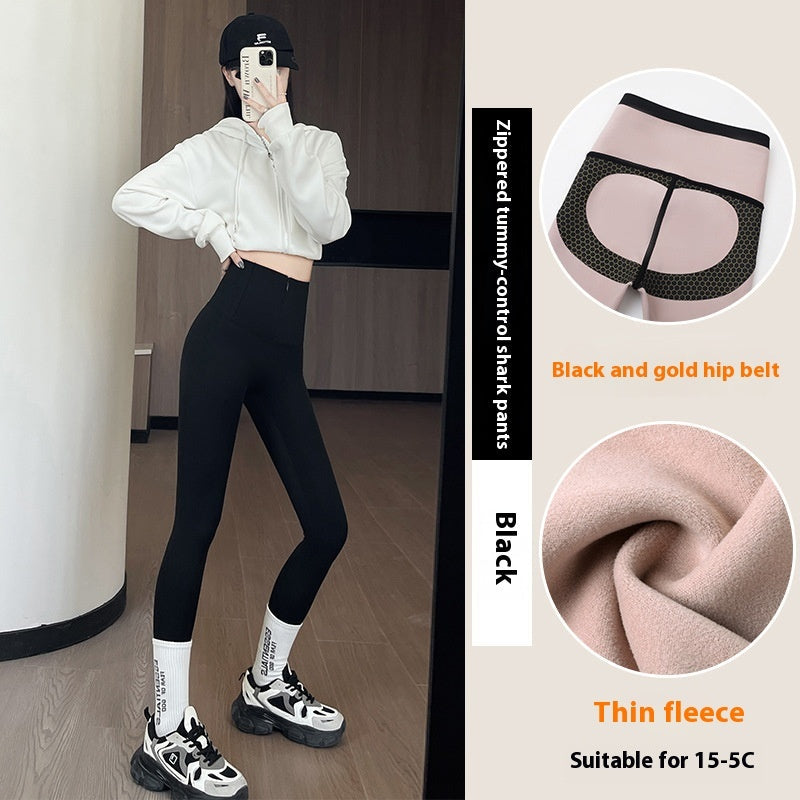 Belly-controlling Butt Lifting Leggings With Three-breasted Design Winter High Waist Slim Zipper Pants Warm Velvet And Thickened Trousers Women Clothing by 510_Athletics LLC