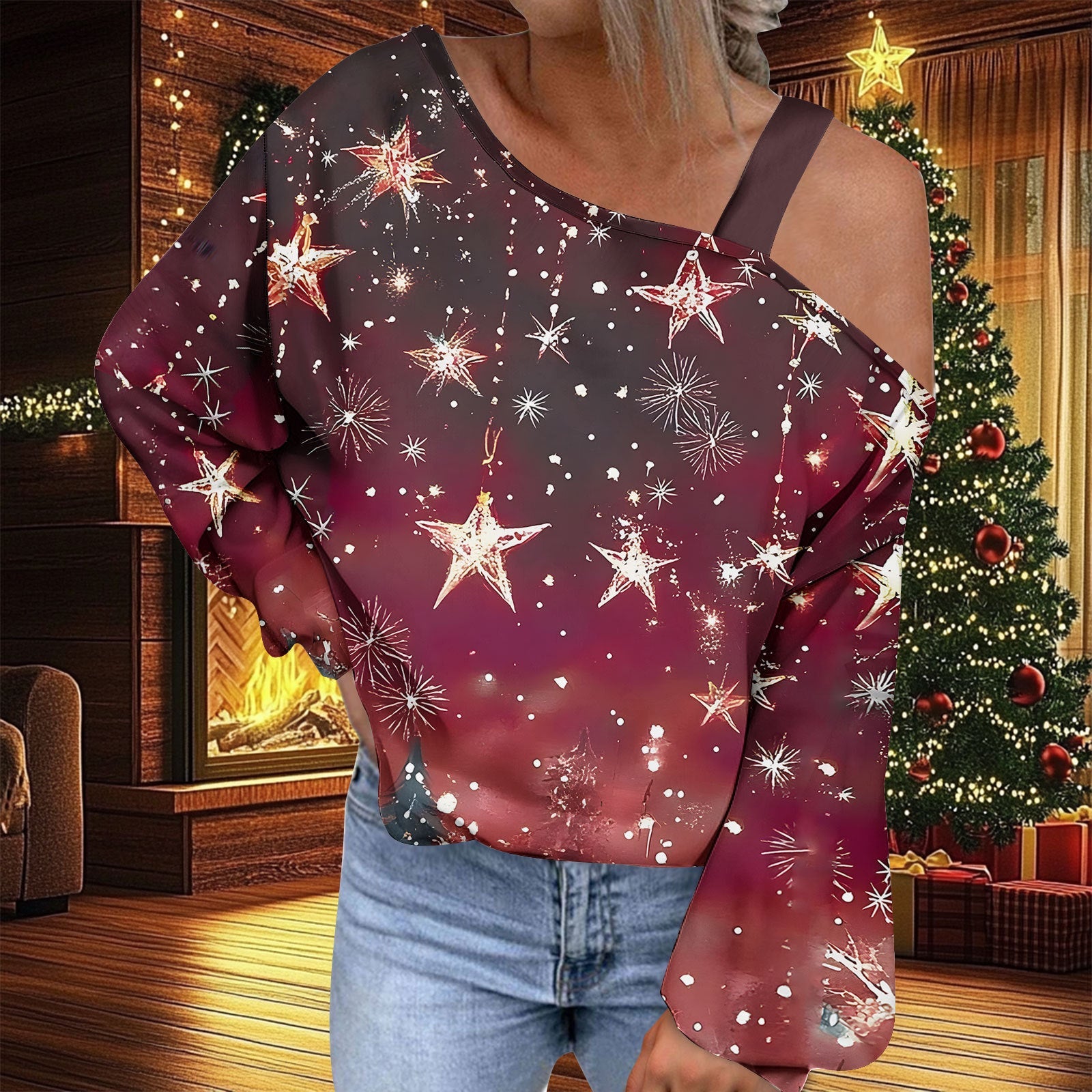 Christmas Women's Fashion Trend Diagonal Collar T-shirt by G8Central.com