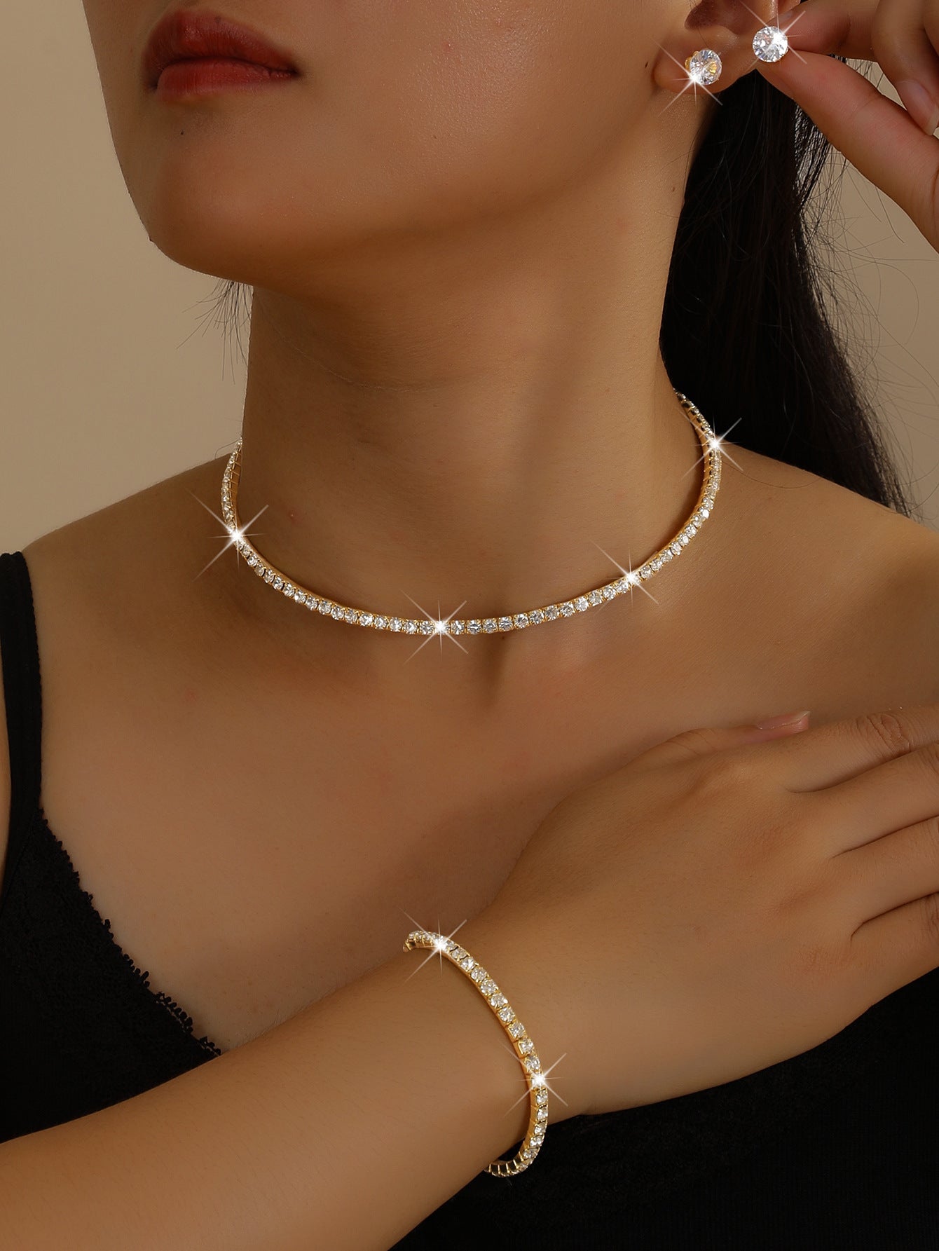 European And American Cross-Border Jewelry Three-Row Rhinestone Necklace Zircon Earrings Bracelet Elastic Ring Bridal Suit Dress Accessories