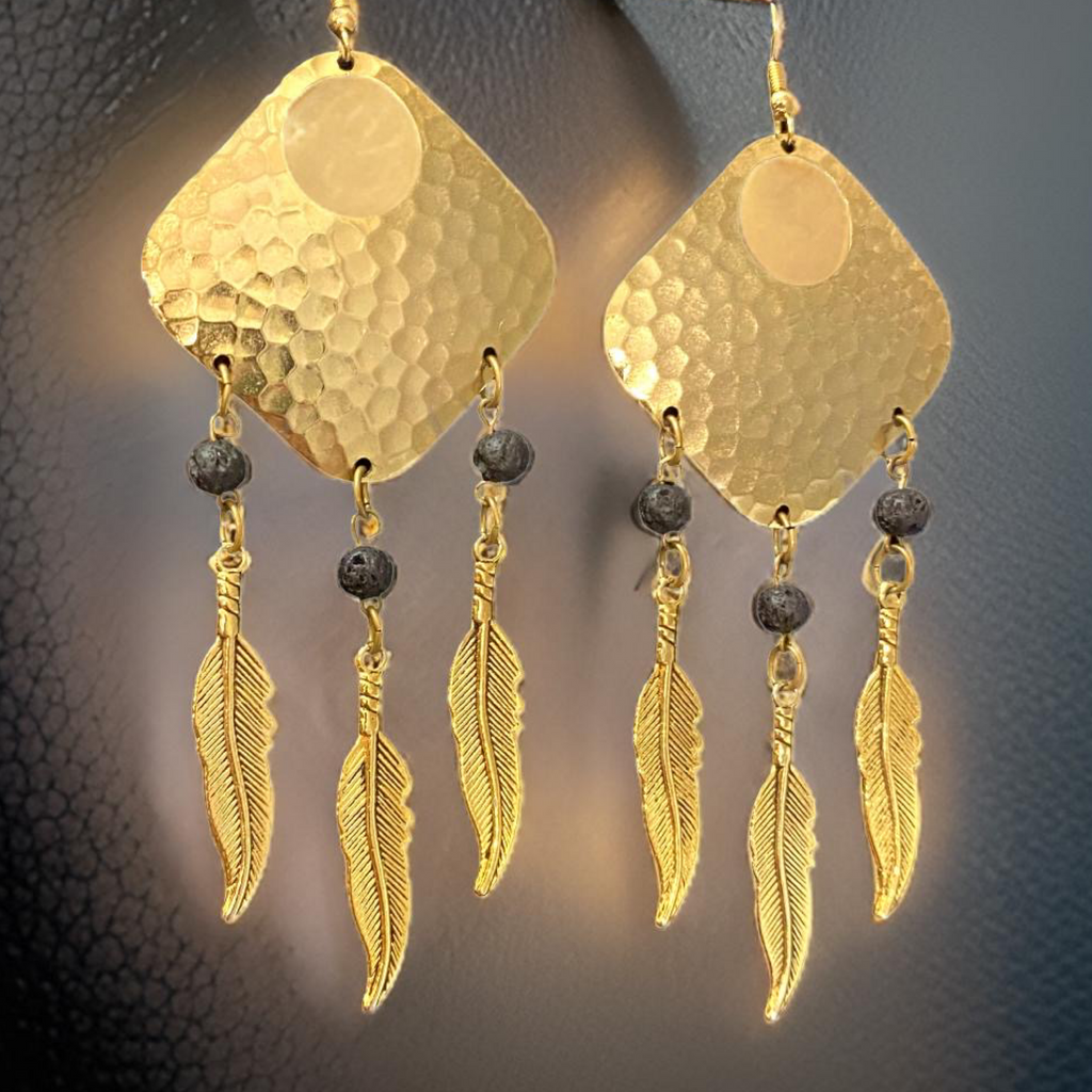 Bohemian Dream Catcher Earrings with Feathers and Black Lava Rocks by The Urban Charm by The Urban Charm