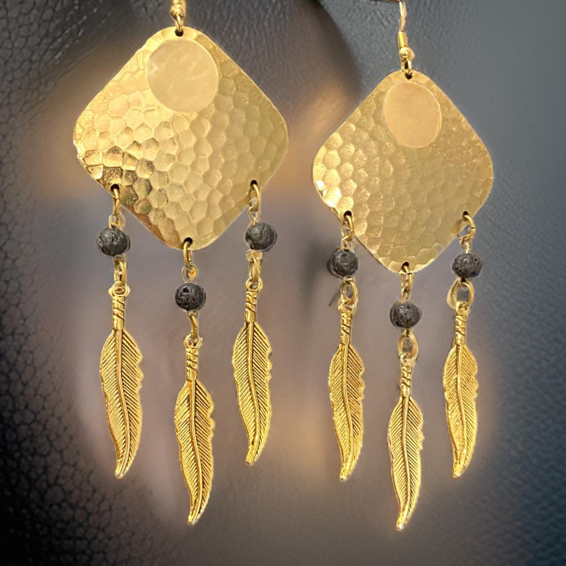 Bohemian Dream Catcher Earrings with Feathers and Black Lava Rocks by The Urban Charm by The Urban Charm