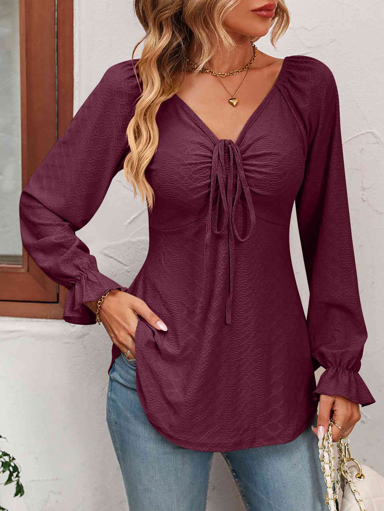 Tie Front V-Neck Puff Sleeve Blouse by VYSN