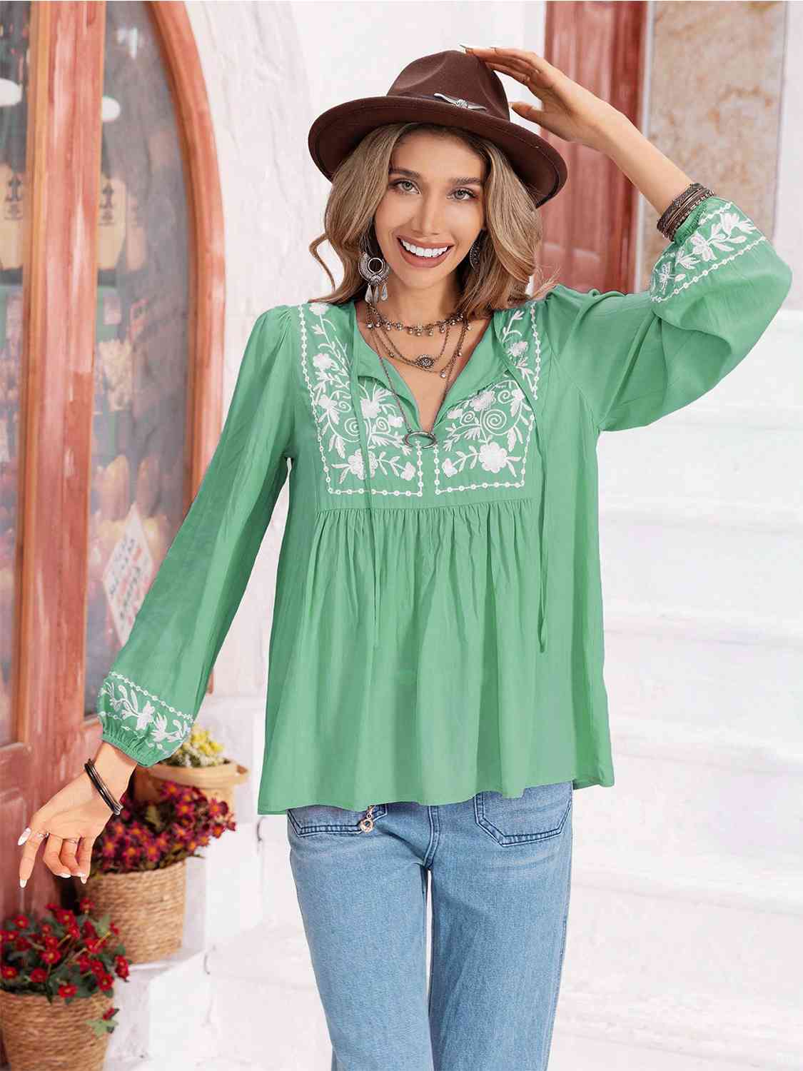Floral Tie Neck Balloon Sleeve Blouse by VYSN