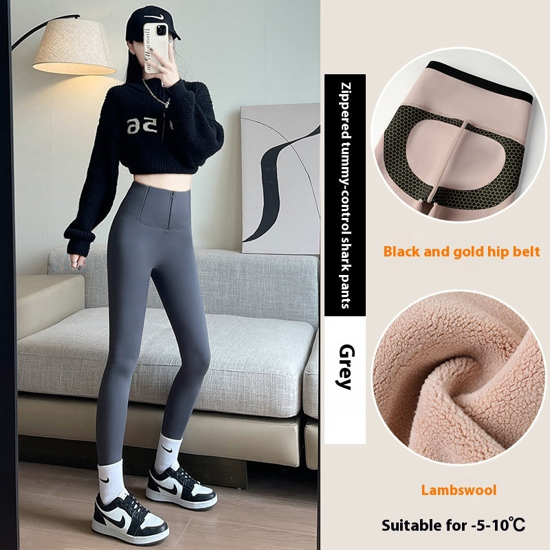Belly-controlling Butt Lifting Leggings With Three-breasted Design Winter High Waist Slim Zipper Pants Warm Velvet And Thickened Trousers Women Clothing by 510_Athletics LLC