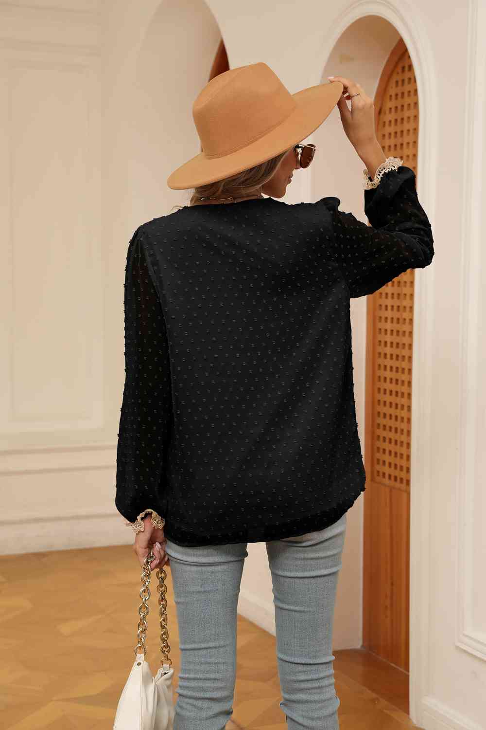 Swiss Dot Contrast V-Neck Blouse by VYSN