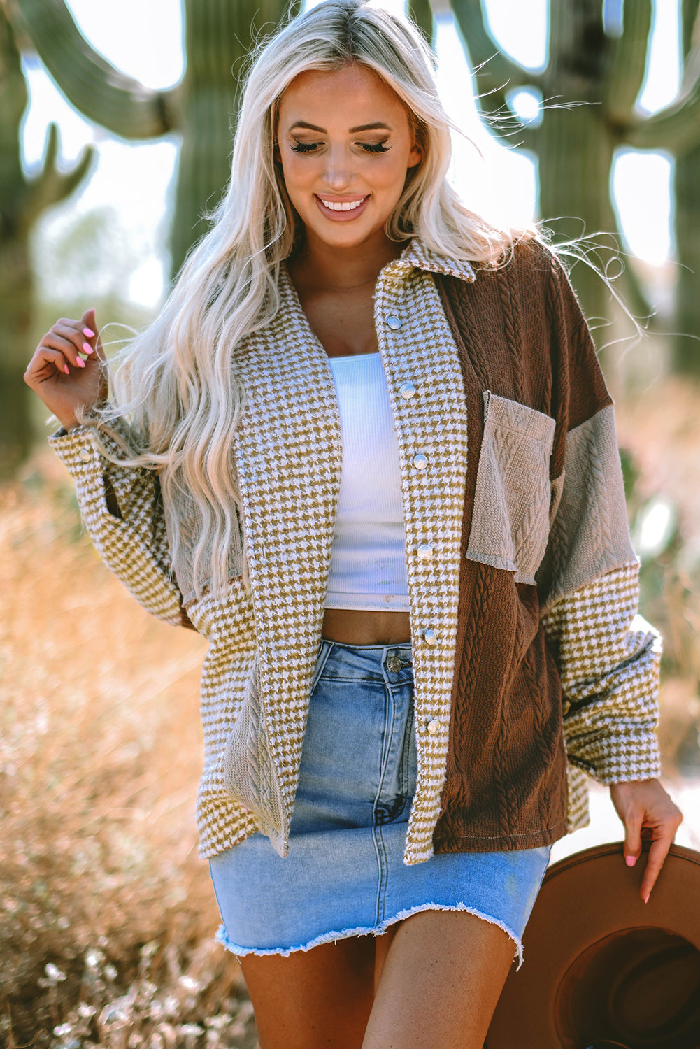 Luna Houndstooth Loose Shacket - Threaded Pear