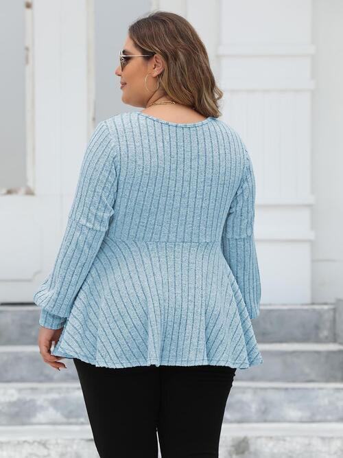 Full Figured Size Ribbed V-Neck Long Sleeve Blouse by VYSN