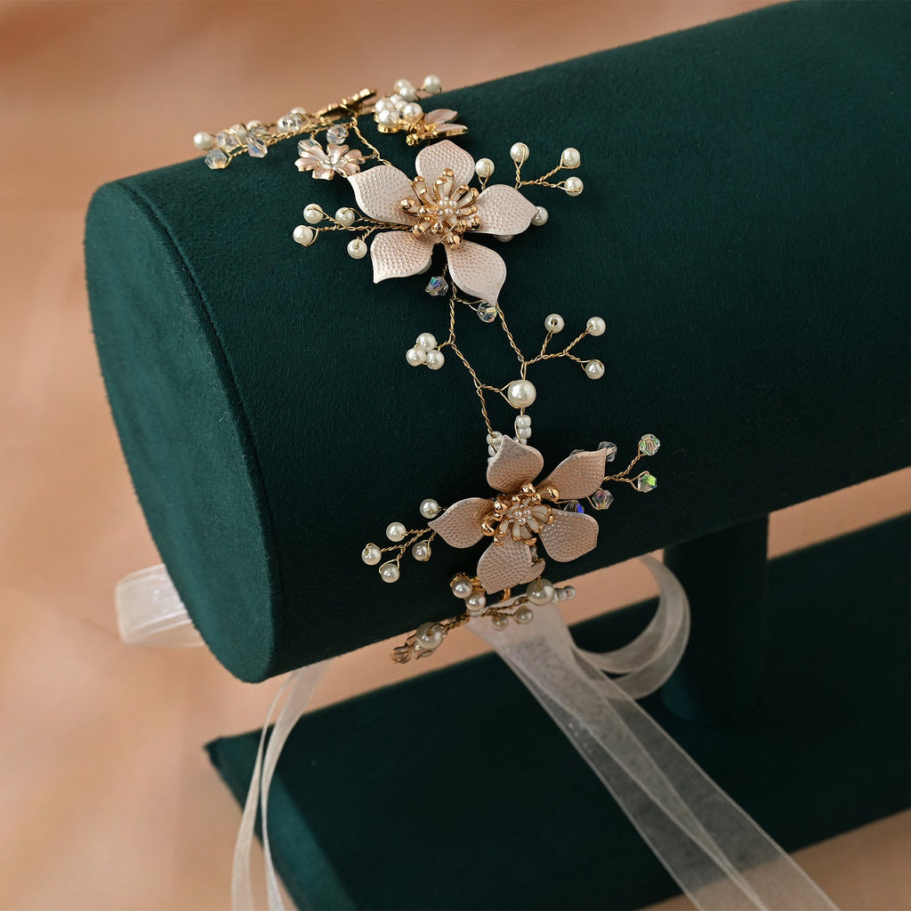 Gold Pearl Floral Alloy Bridal Headband - Bridella BHP357-G by Bridella