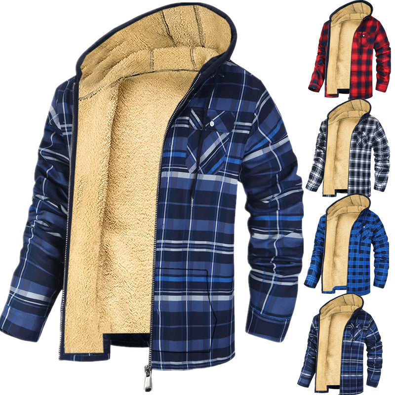 Men's Plaid Print Hooded Zip-Up Jacket Winter Thickened Cotton-padded Coat Warm Clothing by 510_Athletics LLC