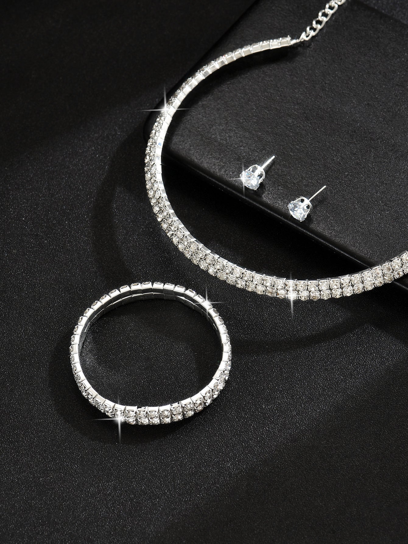European And American Cross-Border Jewelry Three-Row Rhinestone Necklace Zircon Earrings Bracelet Elastic Ring Bridal Suit Dress Accessories