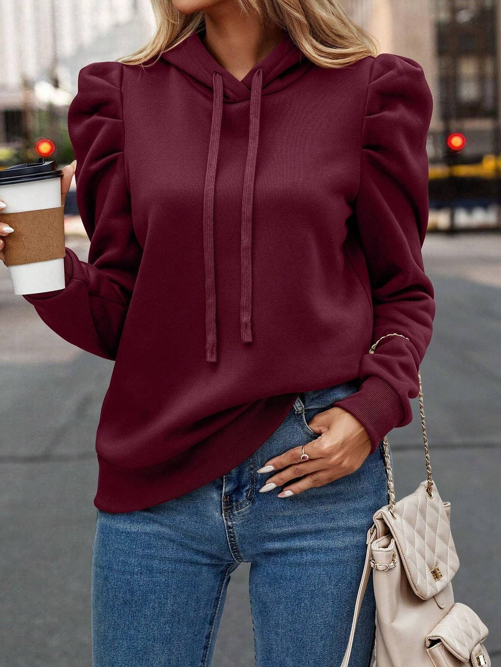 Minimalist Puff Sleeve Drawstring Hoodie
