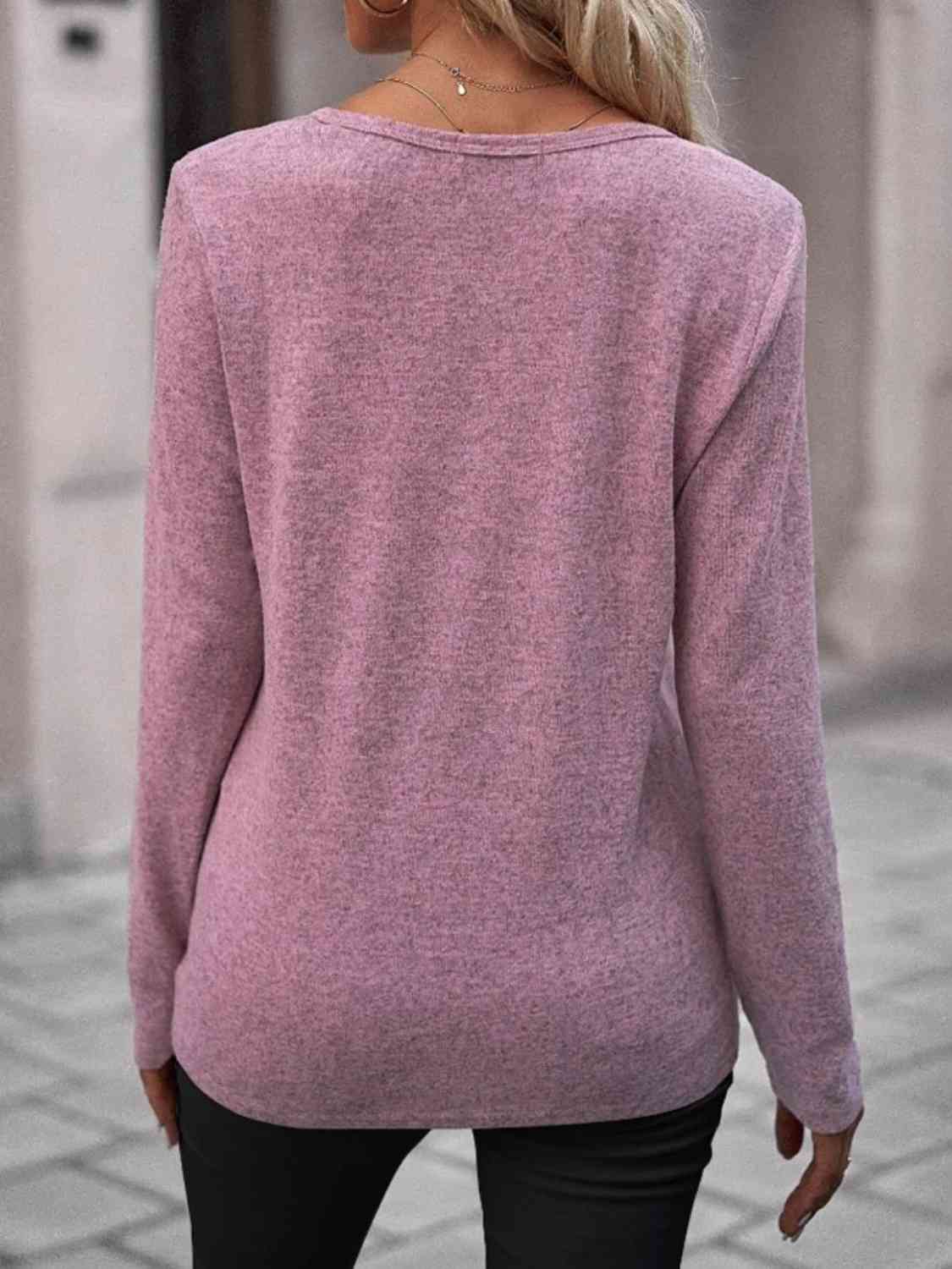 Round Neck Buttoned Long Sleeve T-Shirt by VYSN