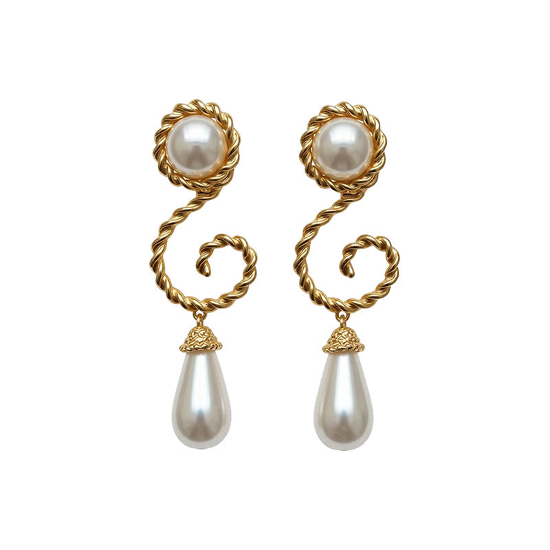 Women Water Drop Pearl Pendant Dangle Stud Earrings,French Retro Heavy Craft Style Light Luxury Versatile Fashion Jewelry For Daily Occasion