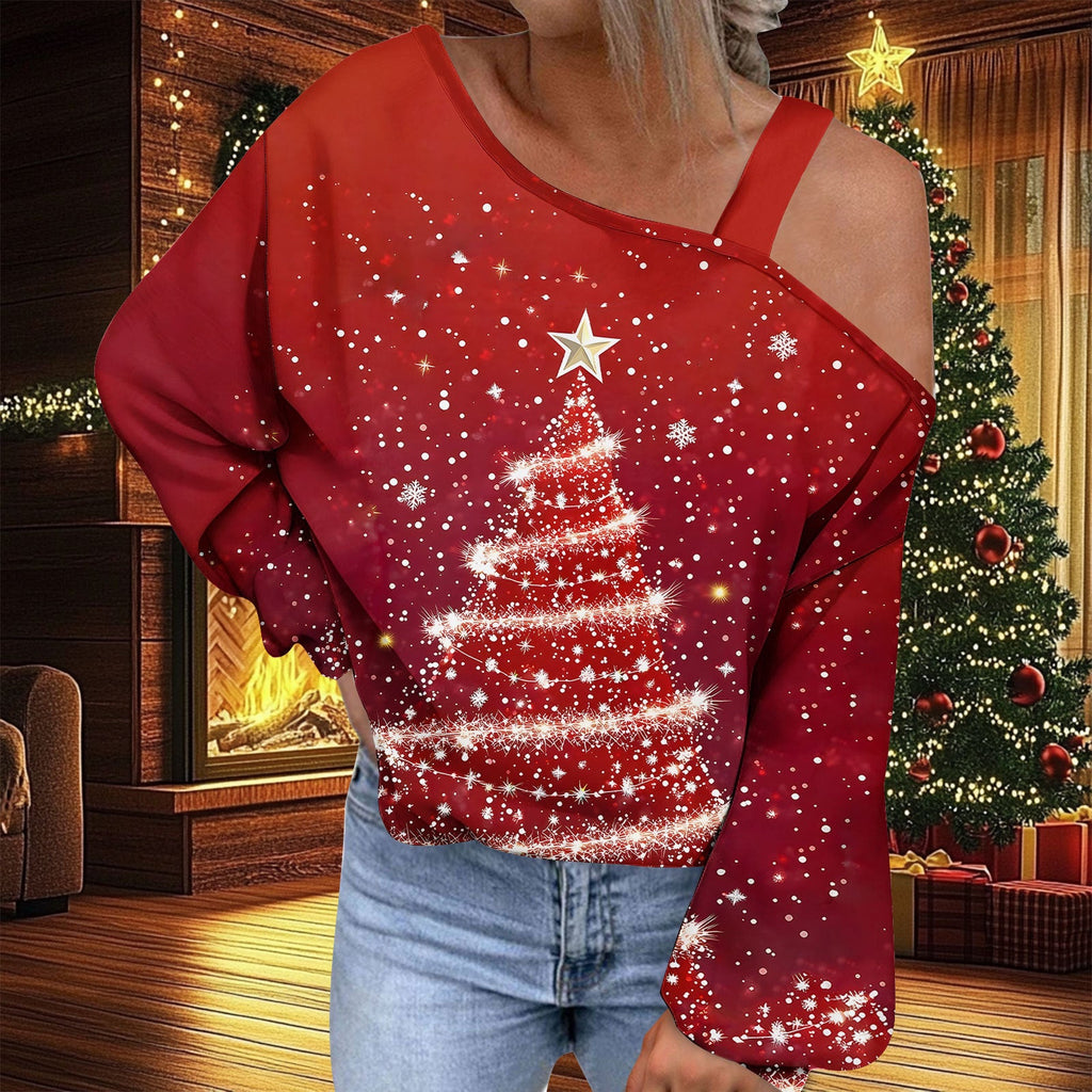 Christmas Women's Fashion Trend Diagonal Collar T-shirt by G8Central.com