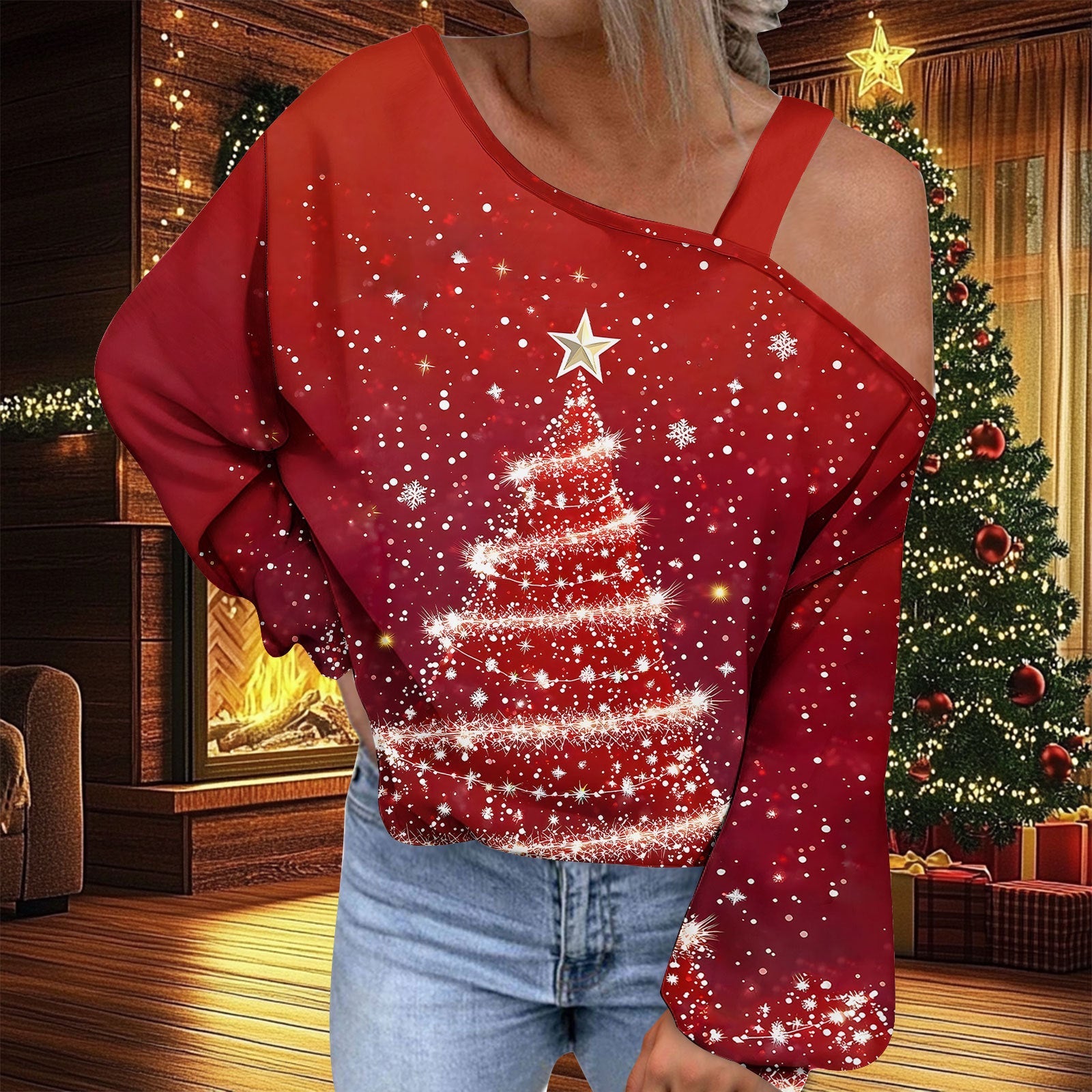 Christmas Women's Fashion Trend Diagonal Collar T-shirt by G8Central.com