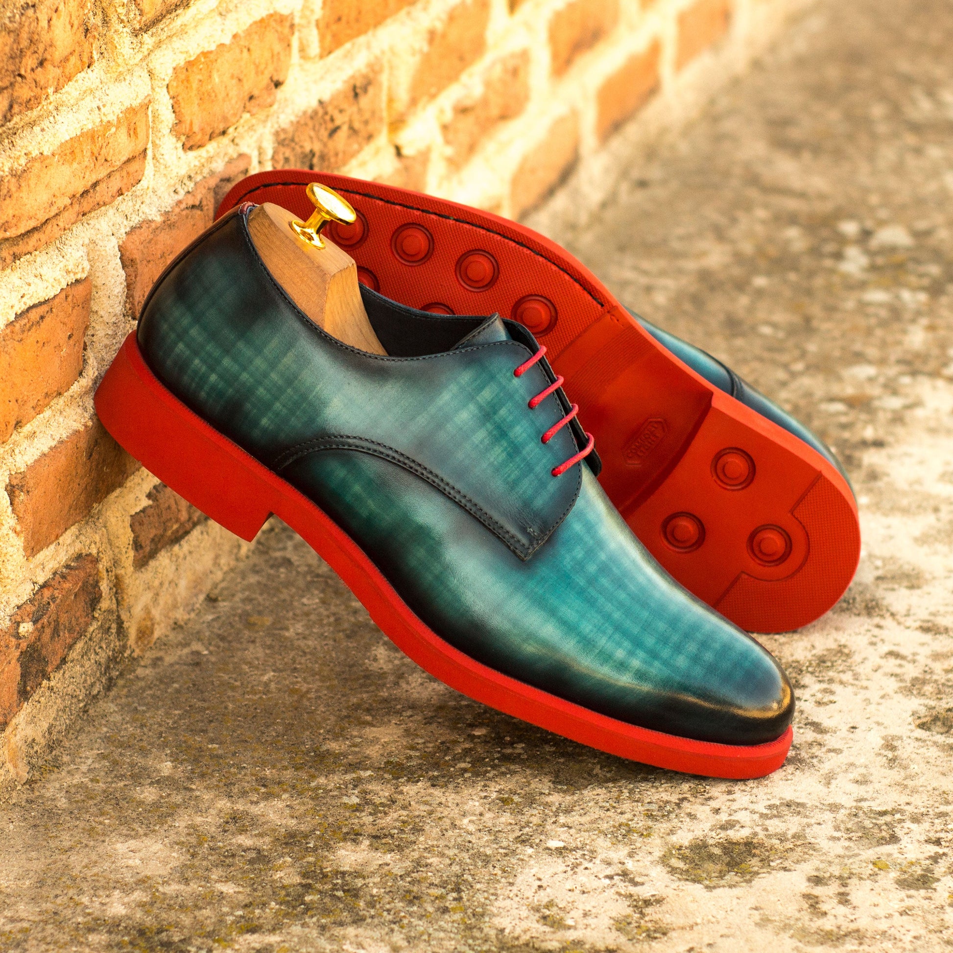 Handcrafted Red Painted Calf Turquoise Patina Derby