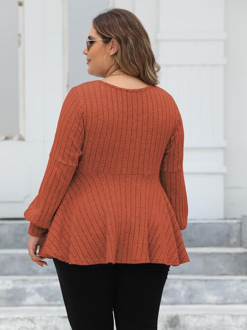 Full Figured Size Ribbed V-Neck Long Sleeve Blouse by VYSN