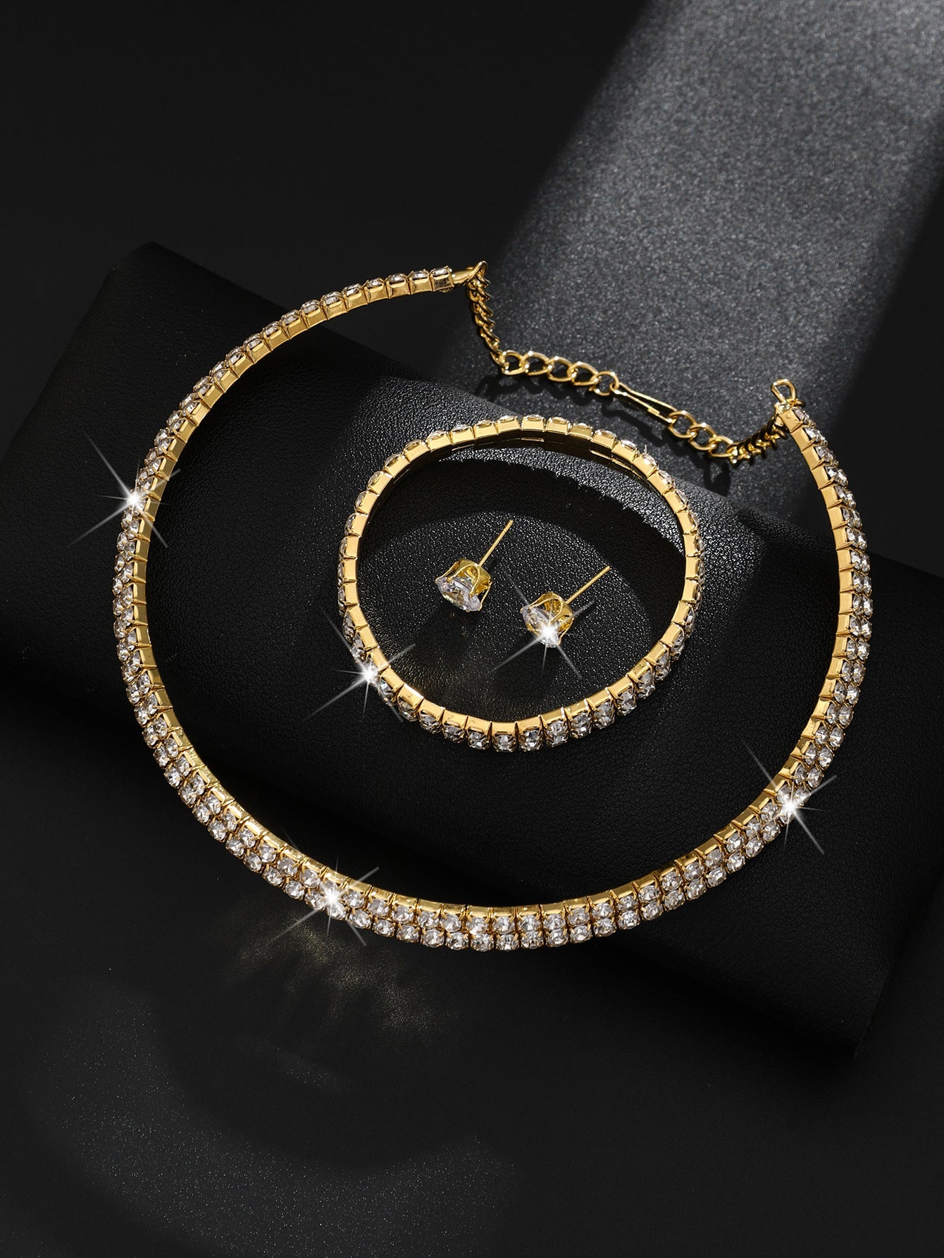European And American Cross-Border Jewelry Three-Row Rhinestone Necklace Zircon Earrings Bracelet Elastic Ring Bridal Suit Dress Accessories