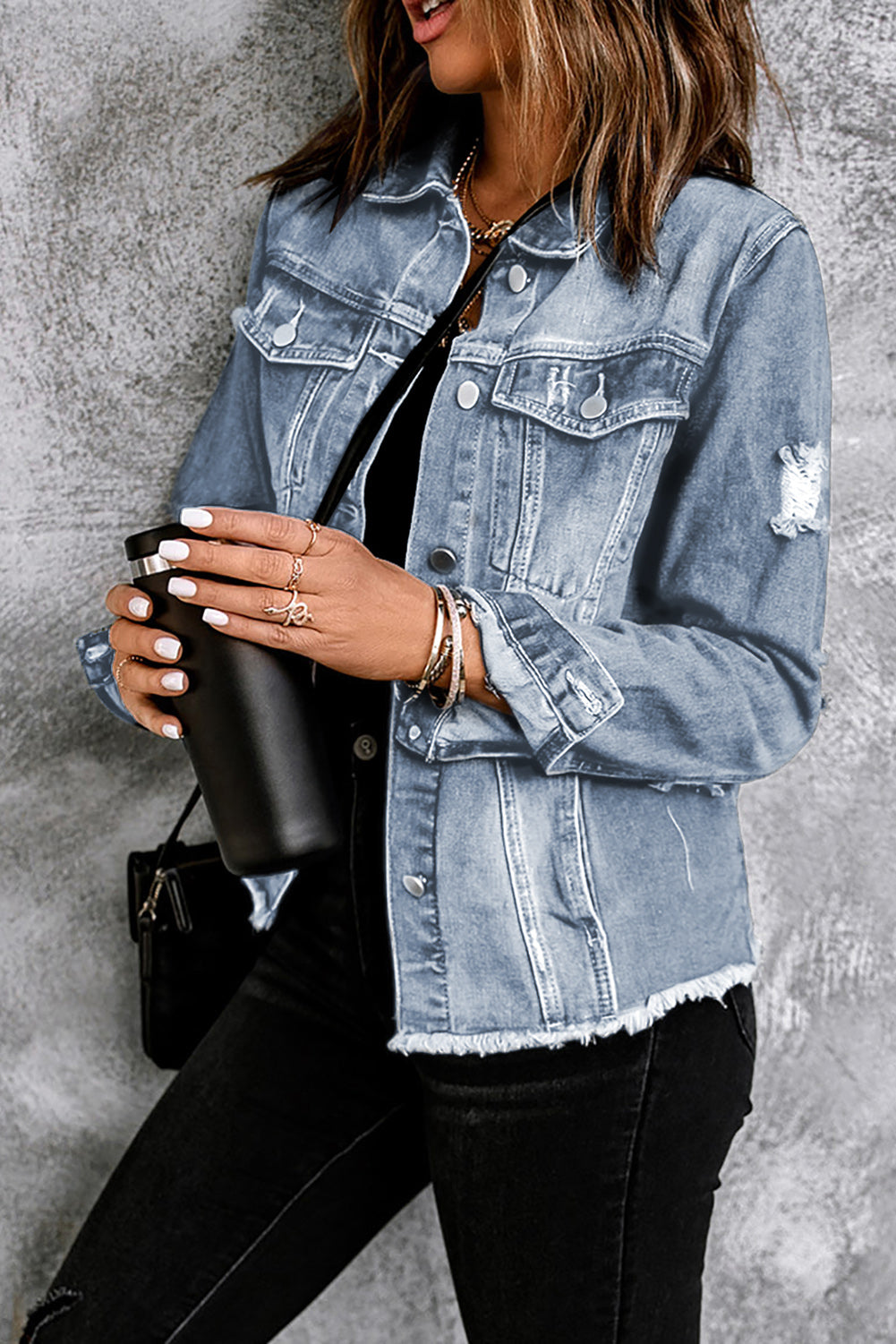 Sofibelle Distressed Raw Hem Jacket by Threaded Pear