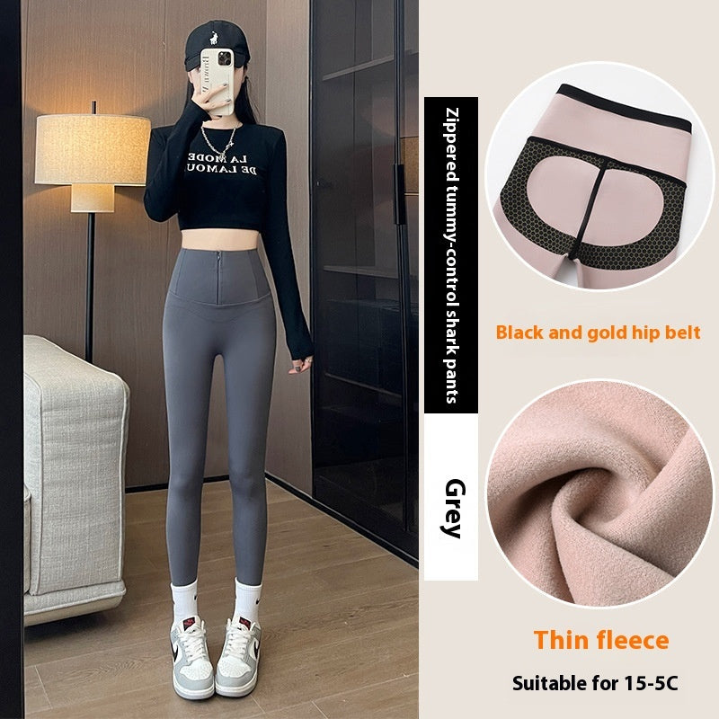 Belly-controlling Butt Lifting Leggings With Three-breasted Design Winter High Waist Slim Zipper Pants Warm Velvet And Thickened Trousers Women Clothing by 510_Athletics LLC