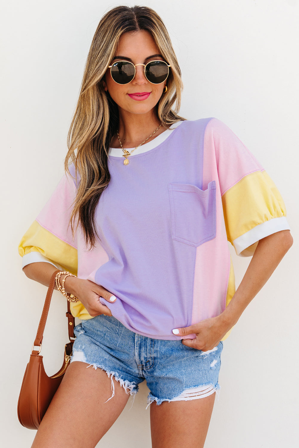 Zoe Patchwork Half Sleeve Oversized Top - Threaded Pear
