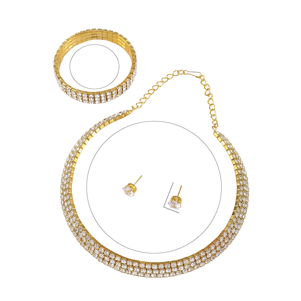 European And American Cross-Border Jewelry Three-Row Rhinestone Necklace Zircon Earrings Bracelet Elastic Ring Bridal Suit Dress Accessories