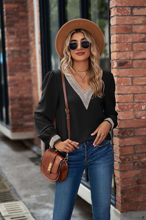 V-Neck Lace Detail Long Sleeve Top by VYSN