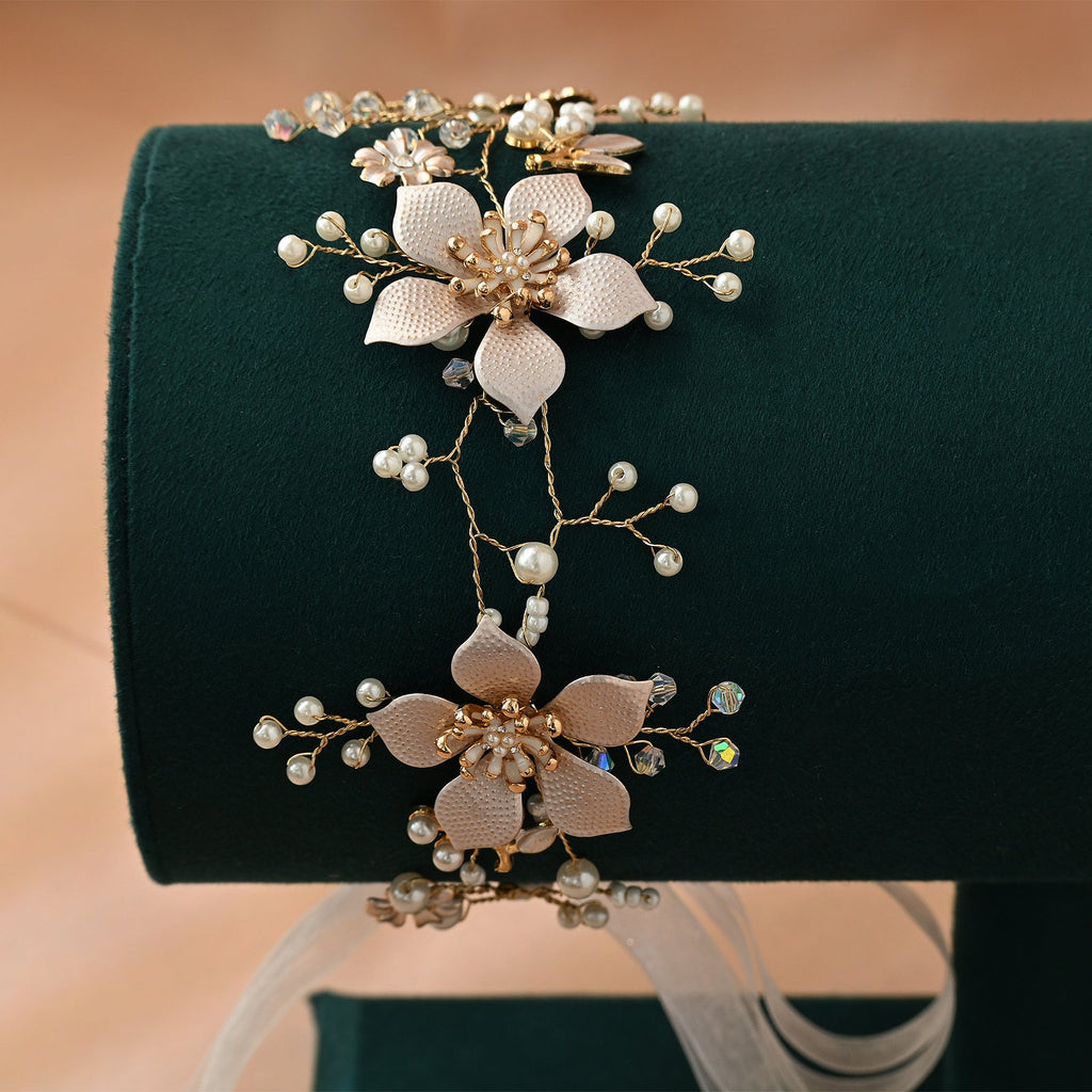 Gold Pearl Floral Alloy Bridal Headband - Bridella BHP357-G by Bridella