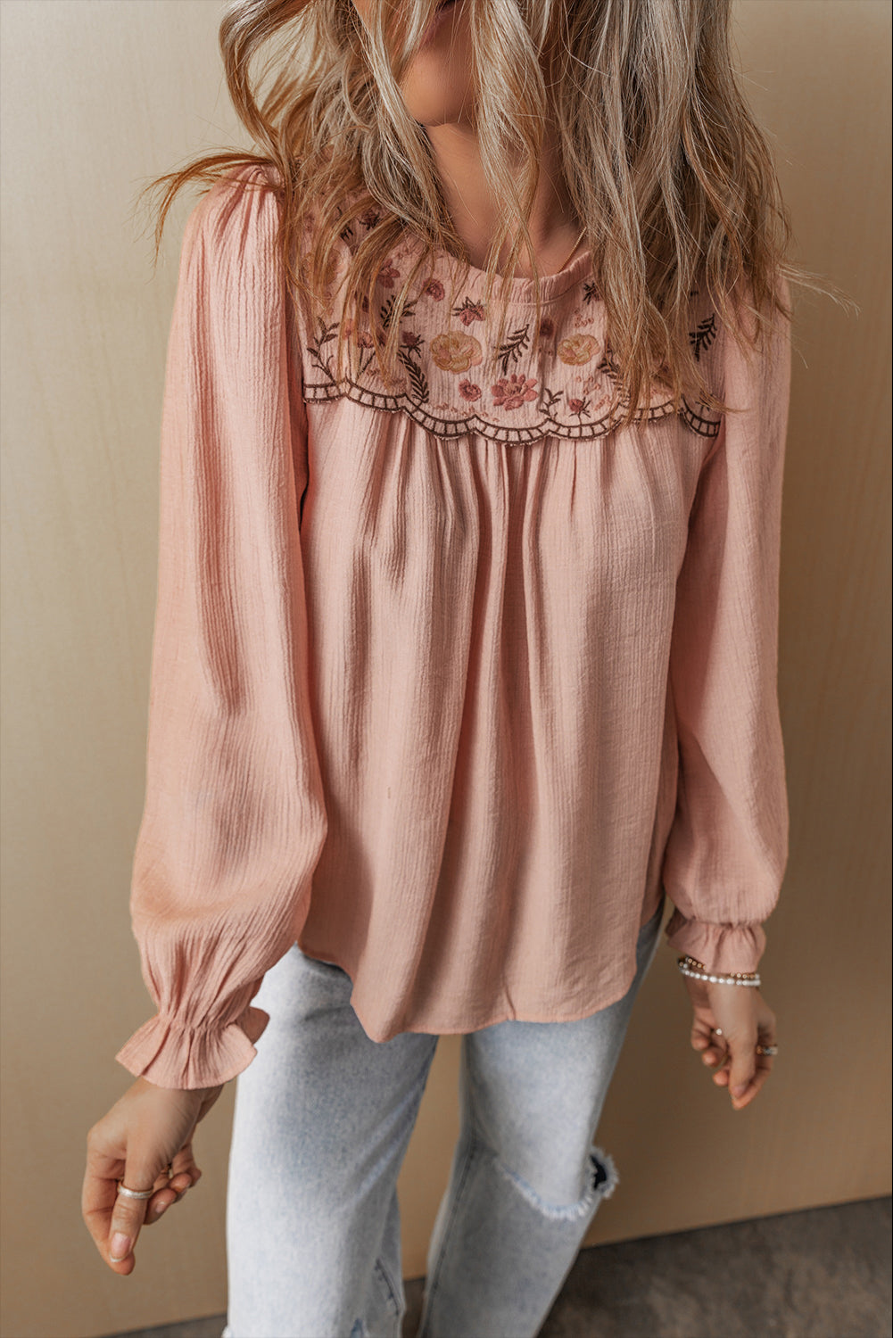 Angela Embroidered Flounce Sleeve Elegant Blouse - Threaded Pear