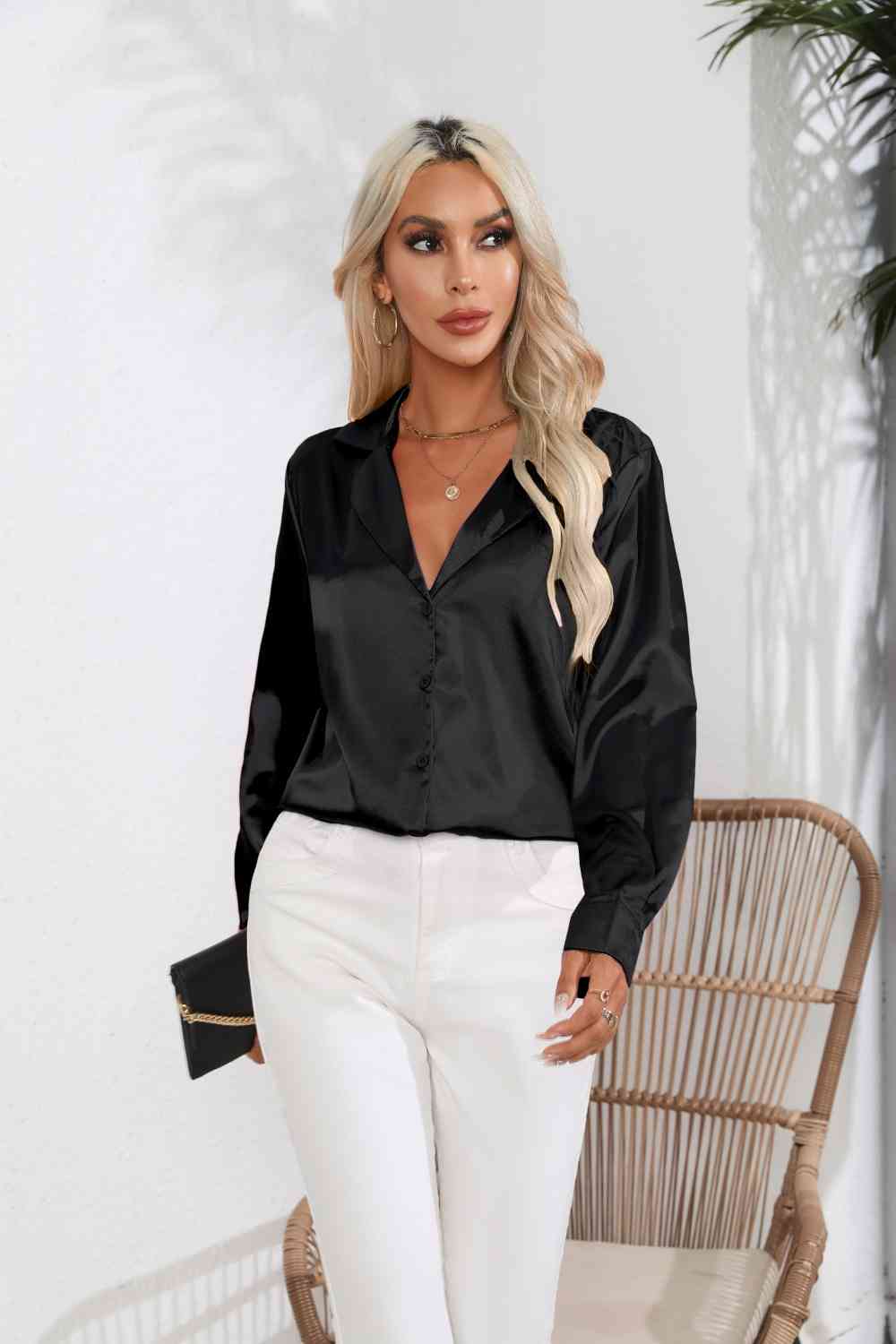 Lapel Collar Button Up Long Sleeve Shirt by VYSN