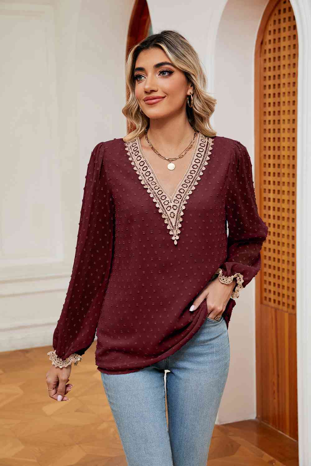 Swiss Dot Contrast V-Neck Blouse by VYSN