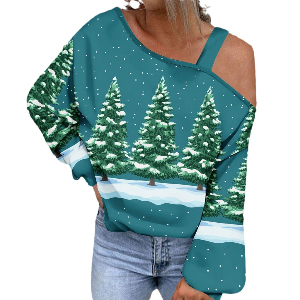 Christmas Women's Fashion Trend Diagonal Collar T-shirt by G8Central.com
